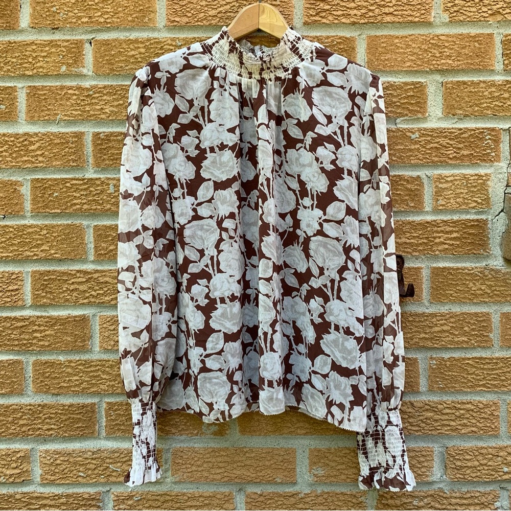 Wilfred Aritzia Valencia Blouse Smocked Mockneck Crepe Chiffon Top Career Floral